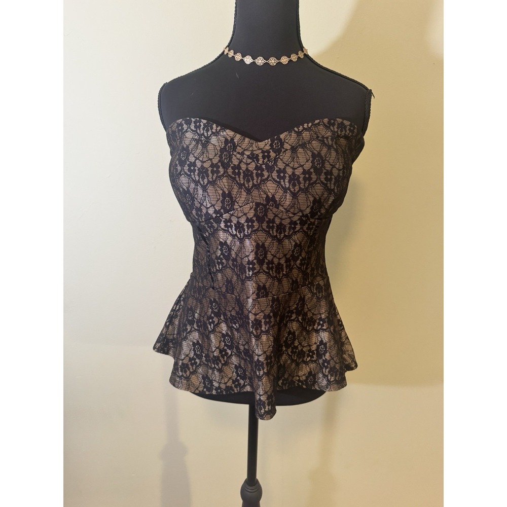 Vintage Y2K Arden B Bustier Top Lace Peplum Size Large Black Gold Stretch NWT